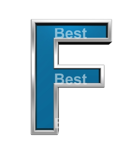 One letter from blue glass with chrome frame alphabet set, isolated on white. 
