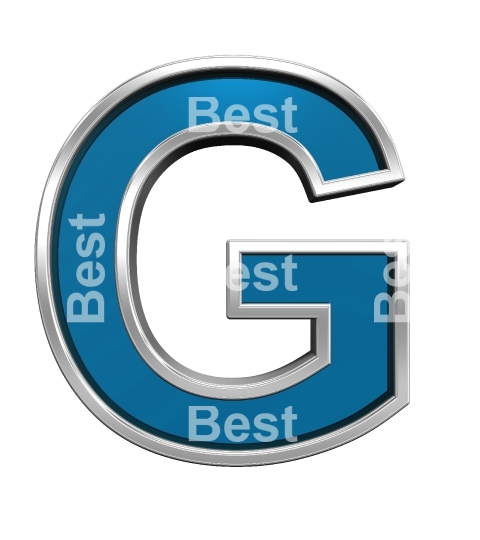 One letter from blue glass with chrome frame alphabet set, isolated on white. 