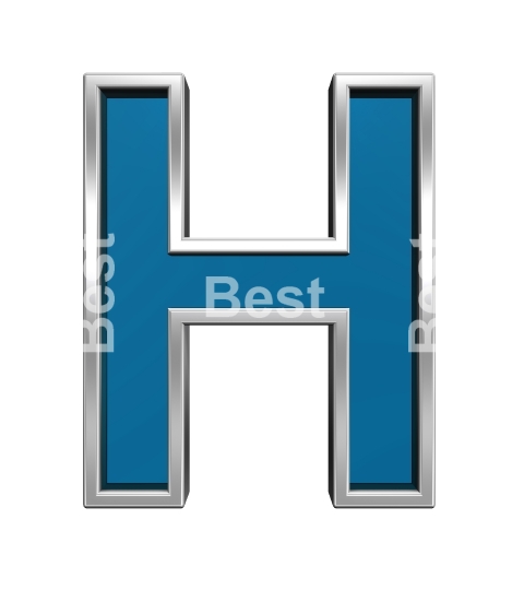 One letter from blue glass with chrome frame alphabet set, isolated on white. 
