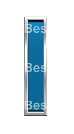 One letter from blue glass with chrome frame alphabet set, isolated on white. 