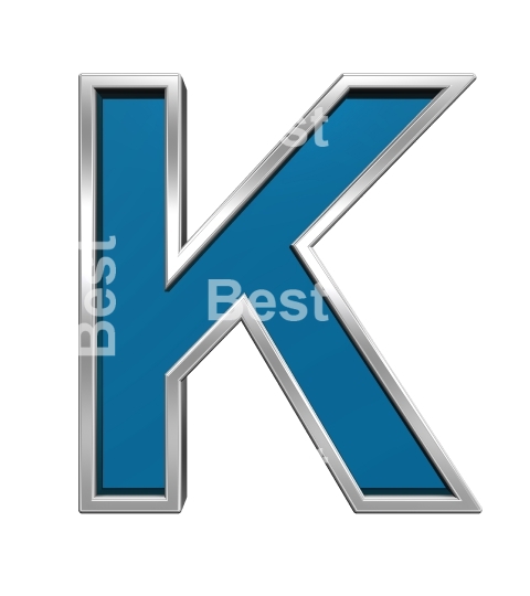 One letter from blue glass with chrome frame alphabet set, isolated on white. 