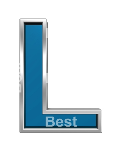 One letter from blue glass with chrome frame alphabet set, isolated on white. 