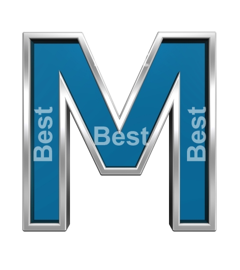 One letter from blue glass with chrome frame alphabet set, isolated on white. 