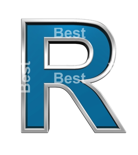 One letter from blue glass with chrome frame alphabet set, isolated on white. 