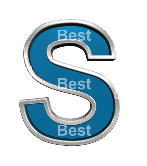 One letter from blue glass with chrome frame alphabet set, isolated on white. 