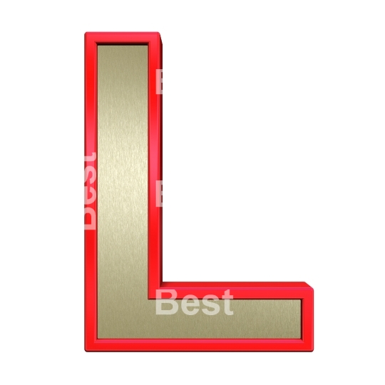 One letter from brushed gold with red frame alphabet set, isolated on white.