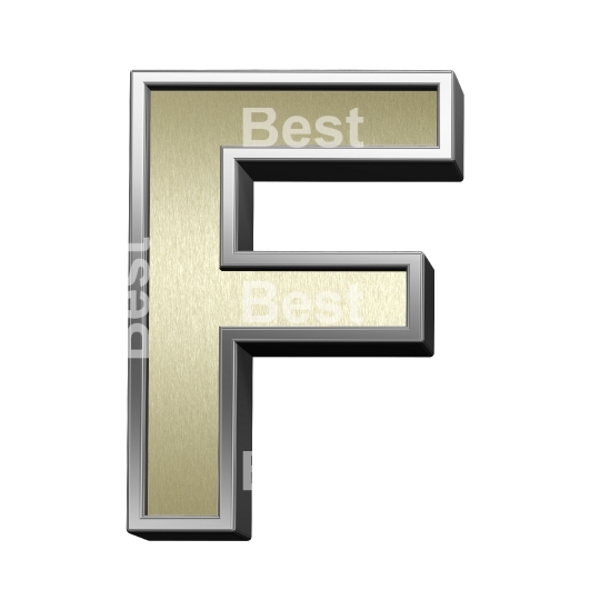 One letter from brushed gold with shiny silver frame alphabet set, isolated on white.
