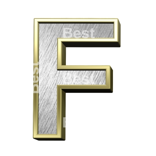 One letter from brushed silver with gold frame alphabet set, isolated on white