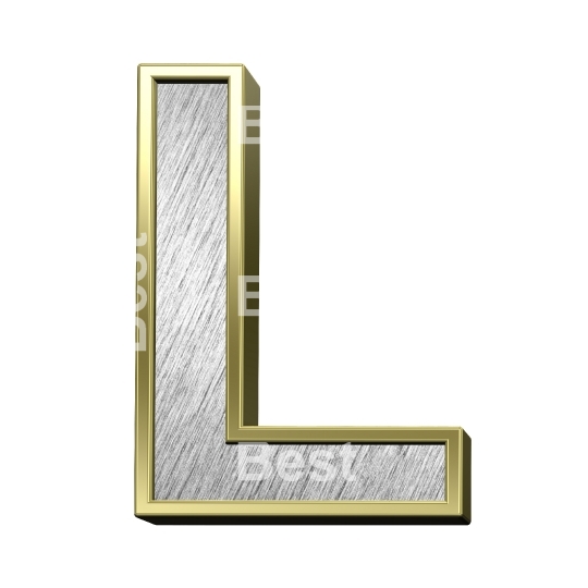 One letter from brushed silver with gold frame alphabet set, isolated on white