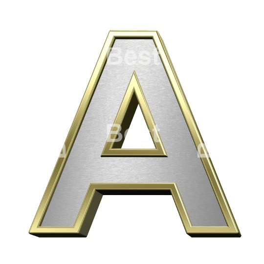 One letter from brushed silver with shiny gold frame alphabet set, isolated on white.