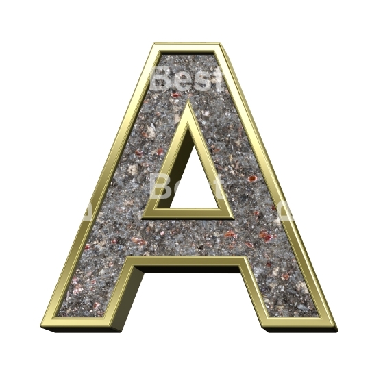 One letter from corroded steel with gold frame alphabet set, isolated on white.