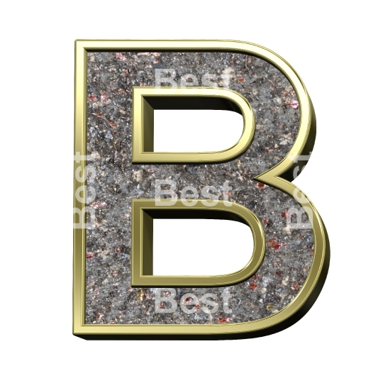 One letter from corroded steel with gold frame alphabet set, isolated on white.