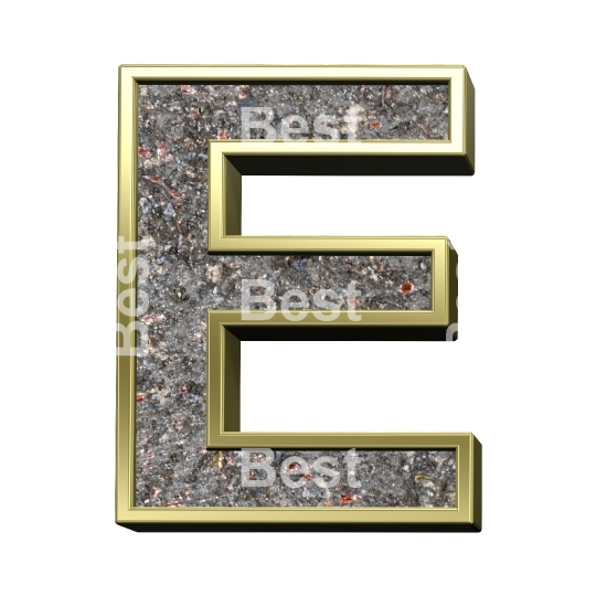 One letter from corroded steel with gold frame alphabet set, isolated on white.