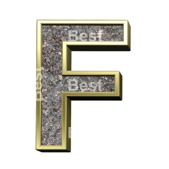 One letter from corroded steel with gold frame alphabet set, isolated on white.