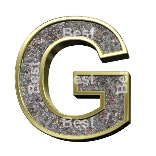 One letter from corroded steel with gold frame alphabet set, isolated on white.