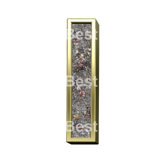 One letter from corroded steel with gold frame alphabet set, isolated on white.