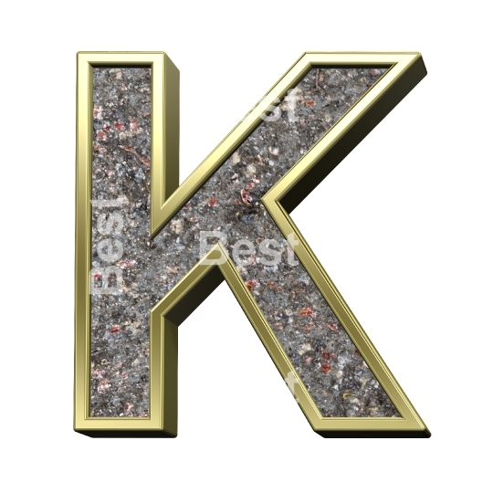 One letter from corroded steel with gold frame alphabet set, isolated on white.