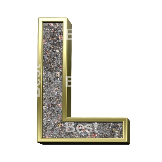 One letter from corroded steel with gold frame alphabet set, isolated on white.