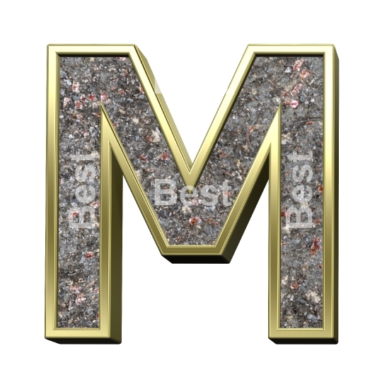 One letter from corroded steel with gold frame alphabet set, isolated on white.