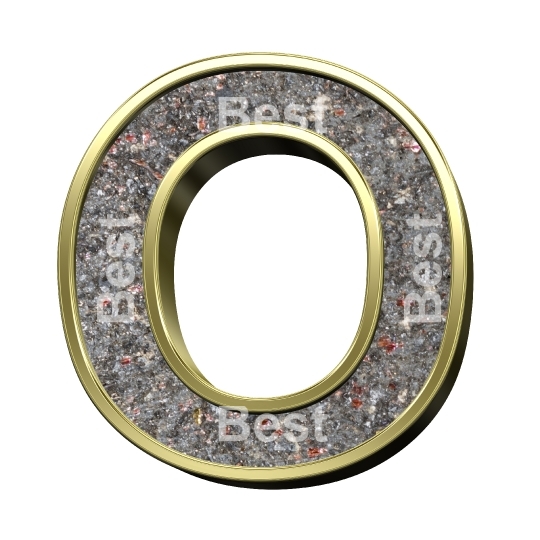 One letter from corroded steel with gold frame alphabet set, isolated on white.