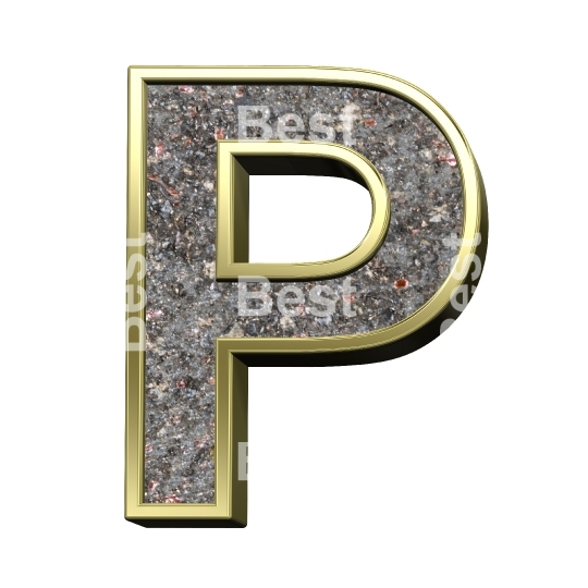One letter from corroded steel with gold frame alphabet set, isolated on white.