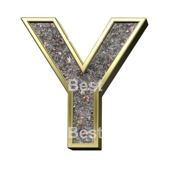 One letter from corroded steel with gold frame alphabet set, isolated on white.