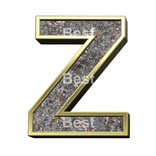 One letter from corroded steel with gold frame alphabet set, isolated on white.