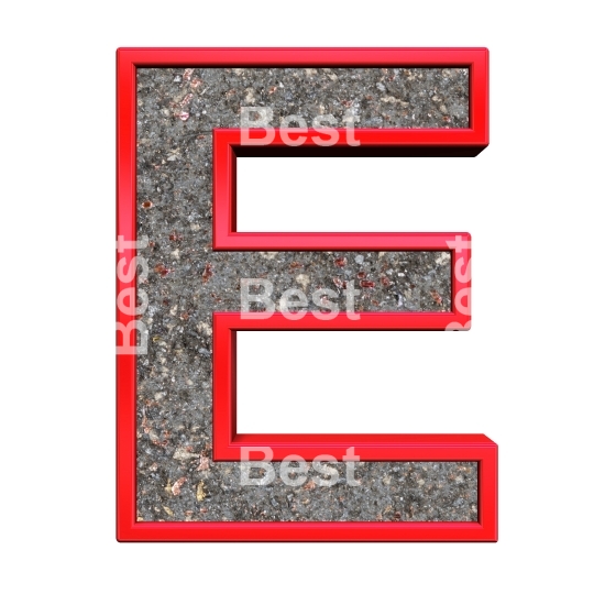 One letter from corroded steel with red frame alphabet set, isolated on white.