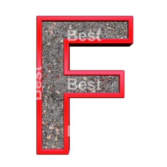 One letter from corroded steel with red frame alphabet set, isolated on white.