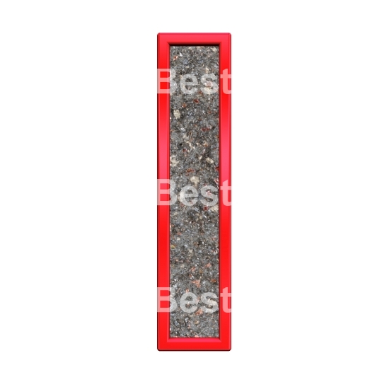 One letter from corroded steel with red frame alphabet set, isolated on white.