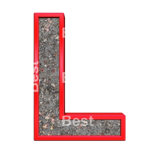 One letter from corroded steel with red frame alphabet set, isolated on white.