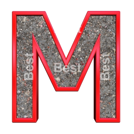 One letter from corroded steel with red frame alphabet set, isolated on white.