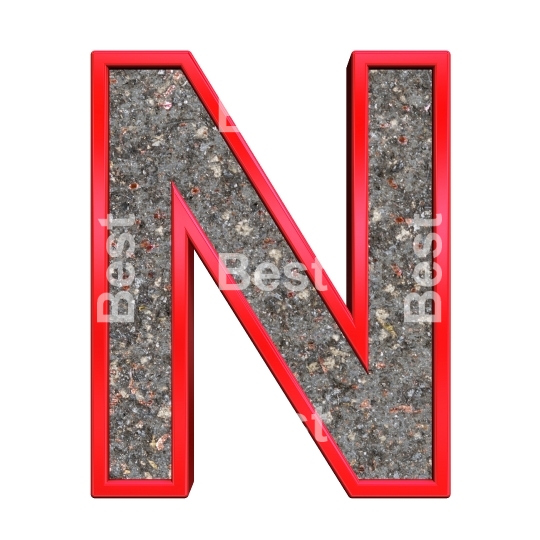 One letter from corroded steel with red frame alphabet set, isolated on white.