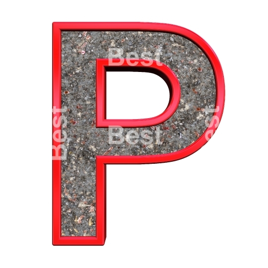 One letter from corroded steel with red frame alphabet set, isolated on white.