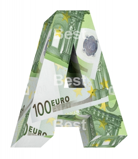 One letter from euro bill alphabet set isolated over white.