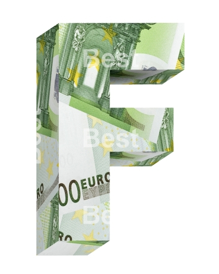 One letter from euro bill alphabet set isolated over white.