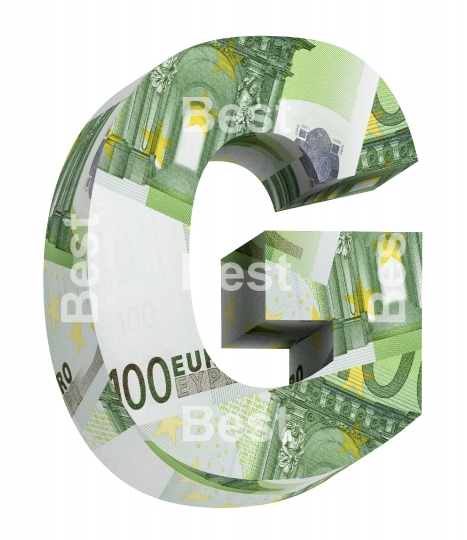 One letter from euro bill alphabet set isolated over white.