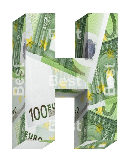 One letter from euro bill alphabet set isolated over white.
