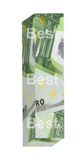 One letter from euro bill alphabet set isolated over white.