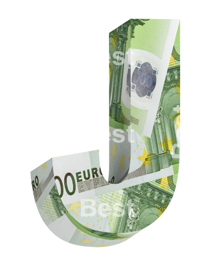 One letter from euro bill alphabet set isolated over white.