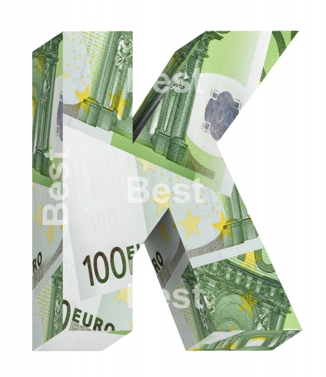 One letter from euro bill alphabet set isolated over white.