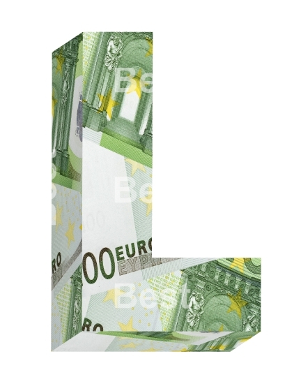 One letter from euro bill alphabet set isolated over white.
