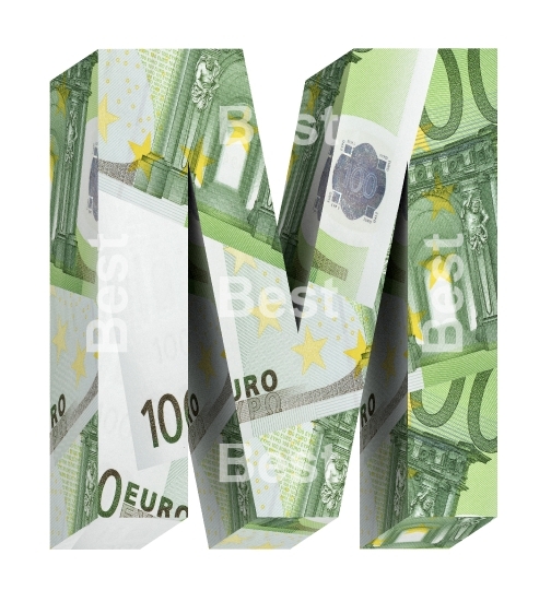 One letter from euro bill alphabet set isolated over white.
