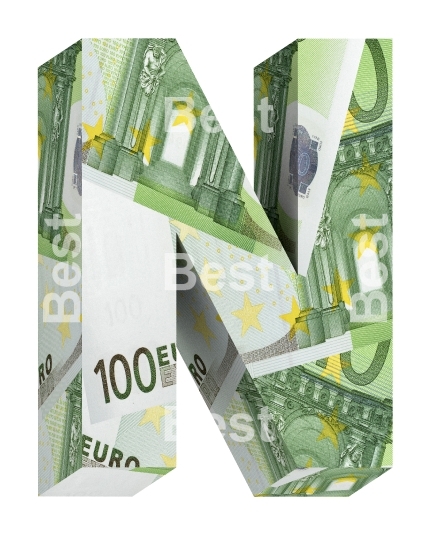 One letter from euro bill alphabet set isolated over white.