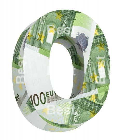 One letter from euro bill alphabet set isolated over white.