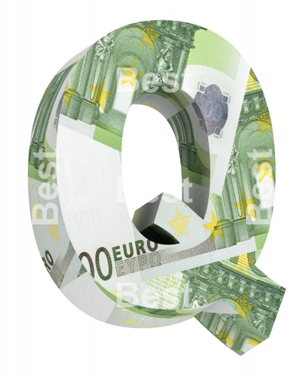 One letter from euro bill alphabet set isolated over white.