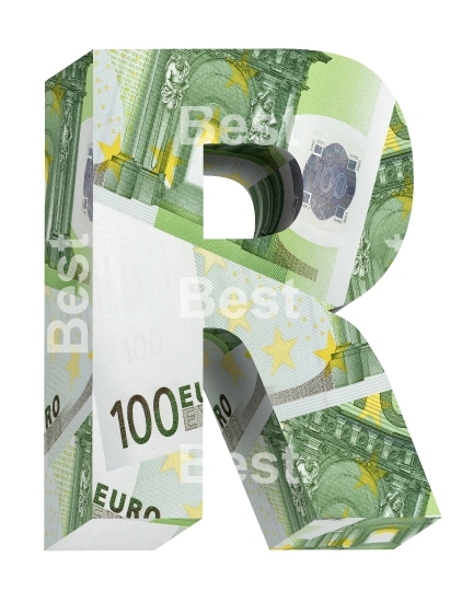 One letter from euro bill alphabet set isolated over white.