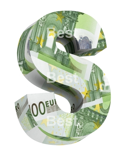 One letter from euro bill alphabet set isolated over white.