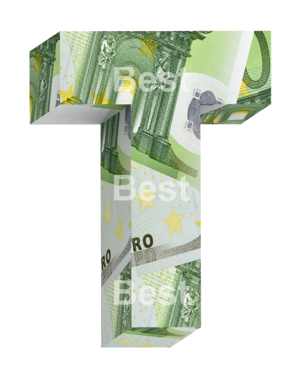 One letter from euro bill alphabet set isolated over white.