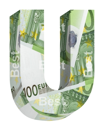 One letter from euro bill alphabet set isolated over white.